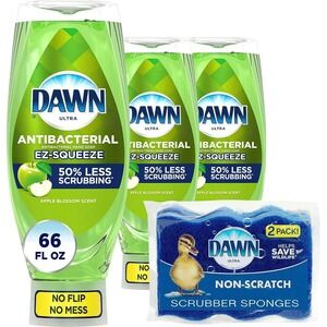 Dawn Antibacterial EZ-Squeeze Dish Soap (3x22oz) with‎ 2 Sponges – Apple Blossom